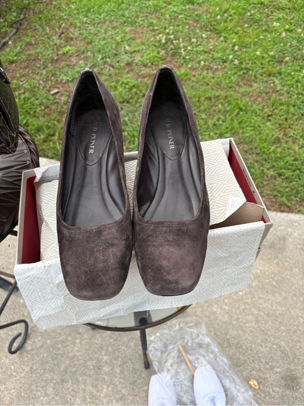 Donald J. Pliner Dark Brown Suede Square-Toe Flats With Croc Embossed Heels - Picture 1 of 6